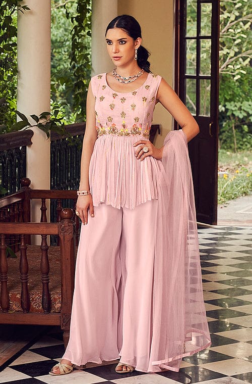 Pink Peplum Top With Sharara Pants And Embroidered Belt - MEHAK MURPANA -  3827347
